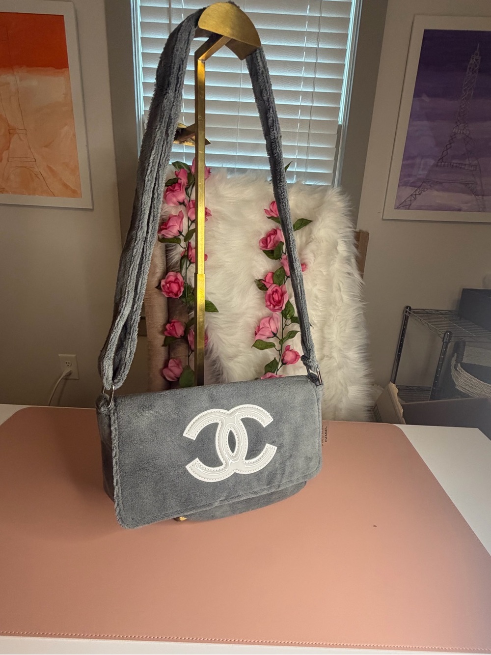 CHANEL Gray Terry Cloth Fluffy Shoulder Bag w/ White CC  Precision Beauty GWP